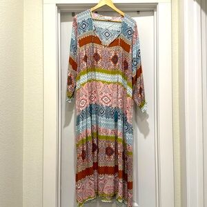 AURA Maxi Dress, Medium, Orange, Blue, Pink, Paisley, Bohemian, Like New